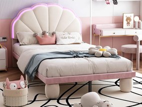 Łóżko dziecięce muszla 90x200 cm z diodami LED, aksamitne, ze stelażem, kolory beżowy i różowy
