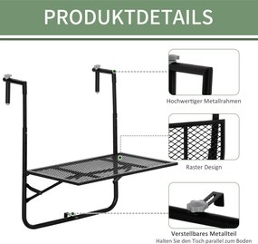 Składany stolik balkonowy Outsunny, regulowany na 4 poziomach, z metalu, odporny na warunki atmosferyczne, 60x40 cm, czarny