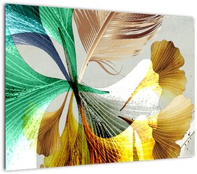 Obraz na szkle - Liście z piórami (70x50 cm)