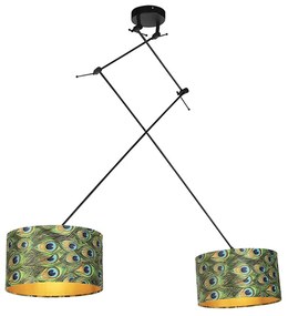 Lampa wisząca czarna z abażurami z aksamitu w kolorze pawia ze złotem 35 cm 2-światłowa - Blitz klasyczny/Antyczny Oswietlenie wewnetrzne