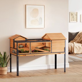 PawHut Domek dla żółwia, wybieg dla małych zwierząt, 2 pomieszczenia, 2 piętra, okna, rampy, akcesoria, drewno, stal, Żółty