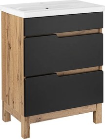 Zestaw Łazienkowy Stojący Szafka z Umywalką 60cm Dąb Wotan / Czarny Alma 2S