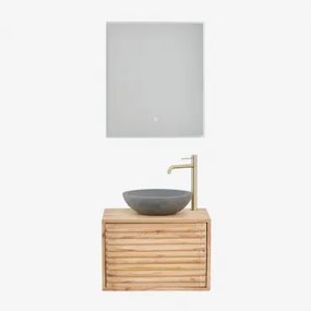 Zestaw Wiszących Mebli Łazienkowych 60x45 Cm Z Drewna Deleyna Naturalna & Okrągły Szary Cement Ø40 Cm Tarsis & Prostokątna Lampa Led I Przeciwmgielna