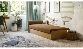 Tapicerowane/z płyty wiórowej łóżko jednoosobowe ze schowkiem z materacem 80x190 cm w kolorze ochry/brązowe Parys – ELTAP