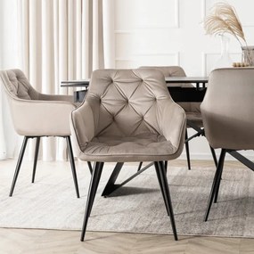 Zestaw Stół Prostokątny Rozkładany VICTOR 160-240 cm Czarny Marmur i 4 Krzesła MODESTO Beżowe Welurowe Nowoczesne