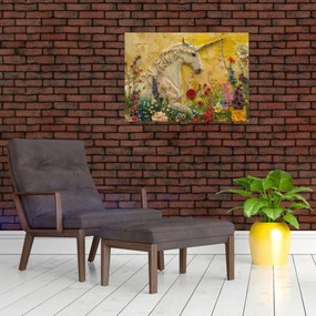 Obraz - Jednorożec z kwiatami (70x50 cm)