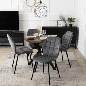 Zestaw Stół Okrągły Rozkładany DORIAN 80-160 cm Dąb Rustykalny/Czarny i 4 Krzesła Tapicerowane do Jadalni LUCKY Szare Welurowe