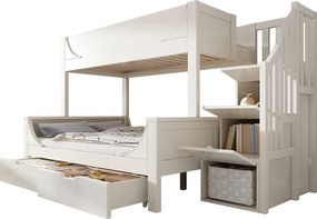 Łóżko piętrowe 90×200 cm +140×200 cm - schody ze schowkiem - z 2 szufladami - Drewno lite + MDF - Białe (bez materaca)