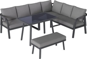 Salon Ogrodowy XL 8 Osób - Zestaw Jadalniany Narożny ze Stojącym Stołem i Ławką - Wykończenie z Plecionego Sznurka - Wytrzymała Stal Ocynkowana - Szary