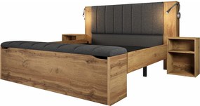 Łóżko dla dorosłych 160×200cm - z lampką do czytania + gniazdkami do ładowania + ławką z pojemnikiem - z 2 stolikami nocnymi - Naturalny
