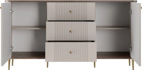 Komoda Vesper 160 cm z szufladami na nóżkach - kaszmir / orzech / złote nogi