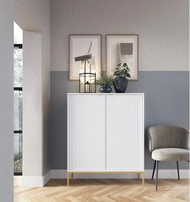 Komoda Wysoka Geriffelt DomoHome NOVA – 2 drzwi, Highboard z złotymi uchwytami, Biały, złote nogi 125x104x39cm - Elegancka do salonu