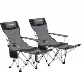 Outsunny Zestaw 2 krzeseł kempingowych składanych fotel wędkarski z odpinanym podnóżkiem uchwyt na napój nośność 120 kg Szary | Aosom PL