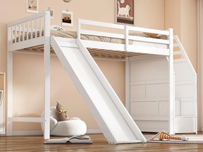 Łóżko mezzanine 90x200cm z drewna sosnowego - z zjeżdżalnią i drabiną do przechowywania - Białe