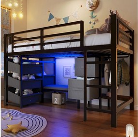 Łóżko antresola z metalową ramą - 90 x 200 cm - z poduszką na siedzisko + kieszenią materiałową i szufladami + diody LED - Metalowe - czarne