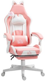 HOMCOM Fotel gamingowy z uszami kota, regulowane oparcie, wysuwany podnóżek, do 120 kg, Różowy/Biały