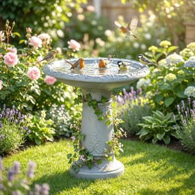 Outsunny Poidło dla ptaków z żywicy, zewnętrzne, okrągłe, 51 cm, imitacja kamienia, stojący karmnik, szare | Aosom PL