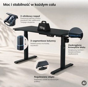 Biurko elektryczne z regulacją wysokości ergonomiczne antracytowe,1200x600 mm: ARIA
