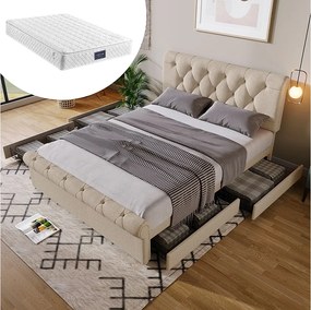 Łóżko dla dorosłych 140x200 cm – z regulowanym zagłówkiem i 4 szufladami – Naturalny len – Materac wliczony w cenę