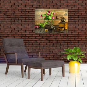 Obraz - tulipany, młynek i kawa (70x50 cm)