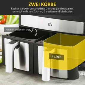 HOMCOM Frytkownica na gorące powietrze 8L z podwójną komorą, Airfryer z 10 programami, 2400 W frytkownica na gorące powietrze z ekranem dotykowym, przepisami, bez oleju, czarna