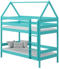 Piętrowe łóżko domek dla dzieci w stylu skandynawskim, turkus B9-K12