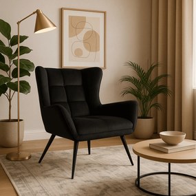 Fotel Uszak Wypoczynkowy VINCENT Czarny Welurowy Nowoczesny Loft