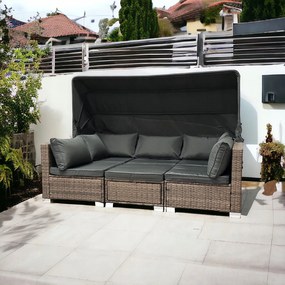 Wielofunkcyjny zestaw mebli ogrodowych - narożnik, leżanka z daszkiem Galicja 101 jasny brąz, poduszki szare