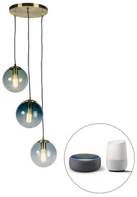 Inteligentna lampa wisząca mosiądz z 3 WiFi ST64 z niebieskim szkłem - Pallon ArtDeco Oswietlenie wewnetrzne
