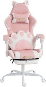 Vinsetto Ergonomiczny Fotel Gamingowy z Uszami Kota, Lędźwiowym Podparciem, Podnóżkiem i Zagłówkiem, Ekoskóra, Różowy | Aosom PL