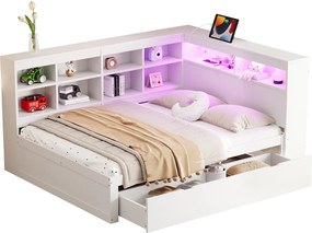 Łóżko z pojemnikiem na pościel z litego drewna 140x200 cm - z LED i gniazdami USB - Białe