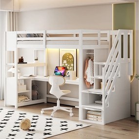Łóżko piętrowe dla dzieci drewniane - 90 x 200 cm - z szafą + biurkiem + szafką + półką + drabinką + diodami LED - białe