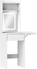 HOMCOM Kompaktowa toaletka z lustrem i oświetleniem LED, składany blat, otwarte półki, szuflada, MDF, Biała