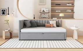 Łóżko wysuwane 90/180 x 200 cm w kształcie litery L, Sofa z funkcją spania - Aksamit - Stelaż listwowy - jasnoszary (bez materaca)