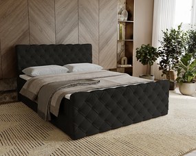 Emporius Portofino łóżko kontynentalne 140x200 - łóżko małżeńskie z nakładką na materac, materac H3 - tkanina aksamitna, czarny (Elegance 21)