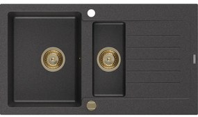 Mexen Matias zlewozmywak granitowy 1,5-komorowy z ociekaczem 900 x 505 mm, czarny nakrapiany, syfon złoty - 6502901505-76-G