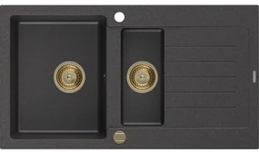 Mexen Matias zlewozmywak granitowy 1,5-komorowy z ociekaczem 900 x 505 mm, czarny nakrapiany, syfon złoty - 6502901505-76-G