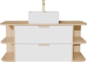 Wisząca szafka łazienkowa z wnękami, nablatową umywalką kwadratową i baterią – Biały i jasny naturalny – szer. 120 cm – AVORELI