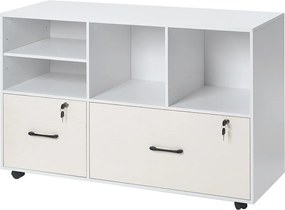 Ruchomy Regał na Dokumenty SucceBuy z Drewna, Mebel Biurowy z 2 Szufladami, Otwartymi i Regulowanymi Półkami, Zamykany na Klucz, do Biura, Biały