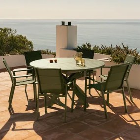 Zestaw Stołu 145-200x145 Cm Rozkładanego Barces I 6 Sztaplowanych Krzeseł Ogrodowych Z Podłokietnikami Z Aluminium Karena Intensywny Verde Olive -