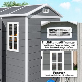 Outsunny Domek ogrodowy, Schowek z podłogą, oknem, zamkiem, z żywicy polipropylenowej, odporny na warunki atmosferyczne, Szary
