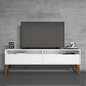 Nowoczesna szafka pod telewizor – 150 cm szerokości, 30 cm wysokości, 50 cm głębokości – biała – płyta wiórowa pokryta melaminą