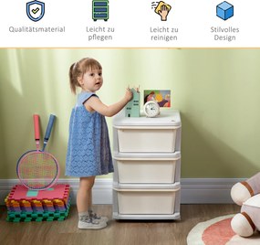 HOMCOM Pudełka do Przechowywania dla Dzieci, 3 Duże Szuflady, Zaokrąglone Krawędzie, Plastik, 37x37x56,5 cm, Kremowy