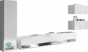 Nowoczesna meblościanka 4-elementowa – wiszący zestaw RTV 180 cm, słupek i 2 szafki, korpus biały, fronty biały połysk