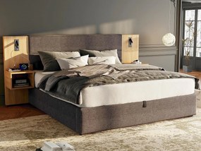 Łóżko kontynentalne szerokie 160x200 cm tapicerowane welurem - z portem USB i LED - 2 stoliki nocne - Szary i Naturalny