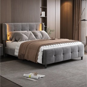 Łóżko dla dorosłych 140 x 200 cm – z zagłówkiem, oświetleniem LED, stelażem – aksamit – szare – bez materaca