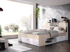 Łóżko ze schowkiem i szufladami - 160 x 200 cm - Kolory: Naturalny i biały + Stelaż + Materac - LEANDRE