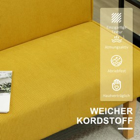 HOMCOM Sofa dwuosobowa z pokryciem kordowym, grubą tapicerką i solidnymi nogami drewnianymi do salonu, sypialni, biura, Żółty