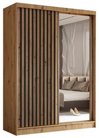 Szafa przesuwna - Lameo z lustrem 160 cm, dąb artisan | lamele czarny mat