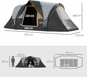 Outsunny Namiot campingowy dla 5-6 osób, rodzinny, z torbą, 4,55x2,2x1,8m, Jasnoszary/Czarny